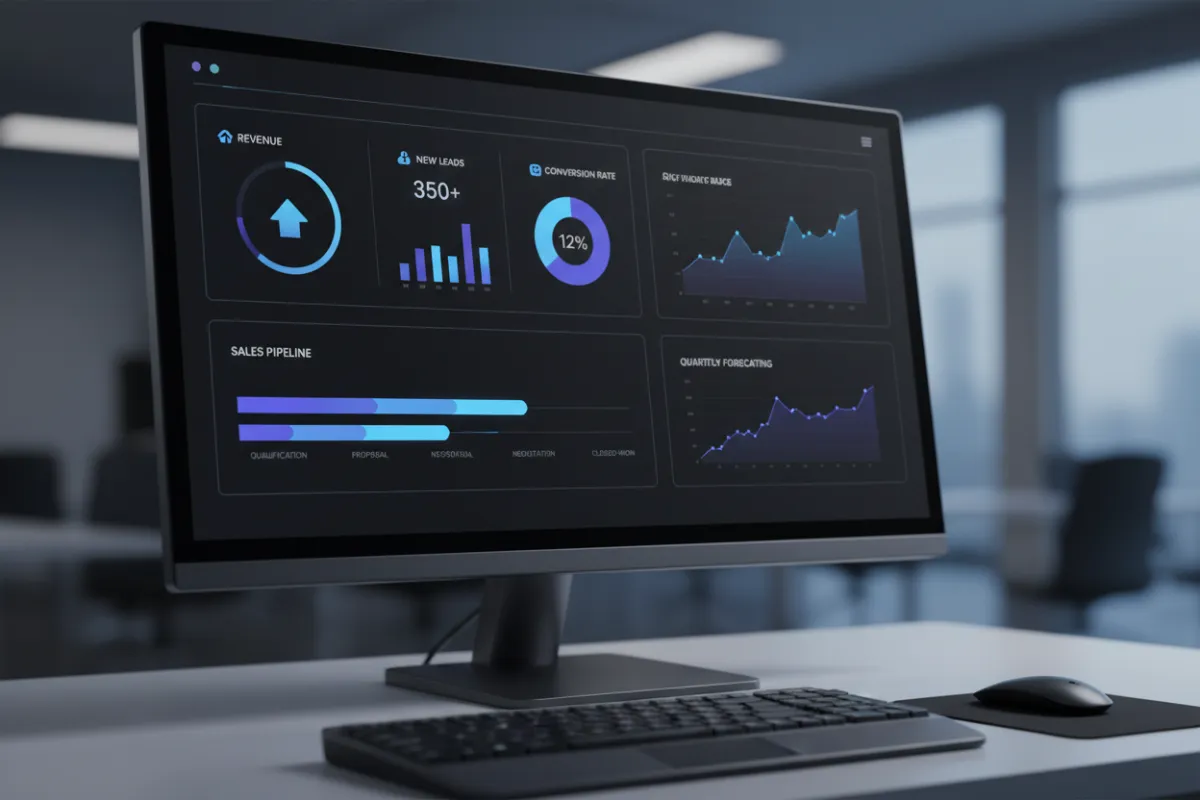 A clean CRM dashboard on a desktop monitor with highlighted KPIs and pipeline stages.