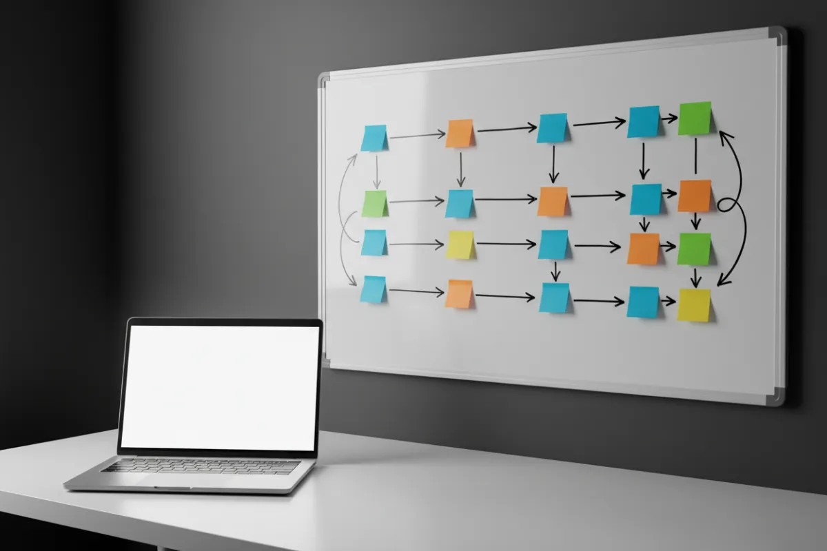 A UX-style sales pipeline whiteboard with sticky notes, flow arrows, and a laptop, showing process mapping.