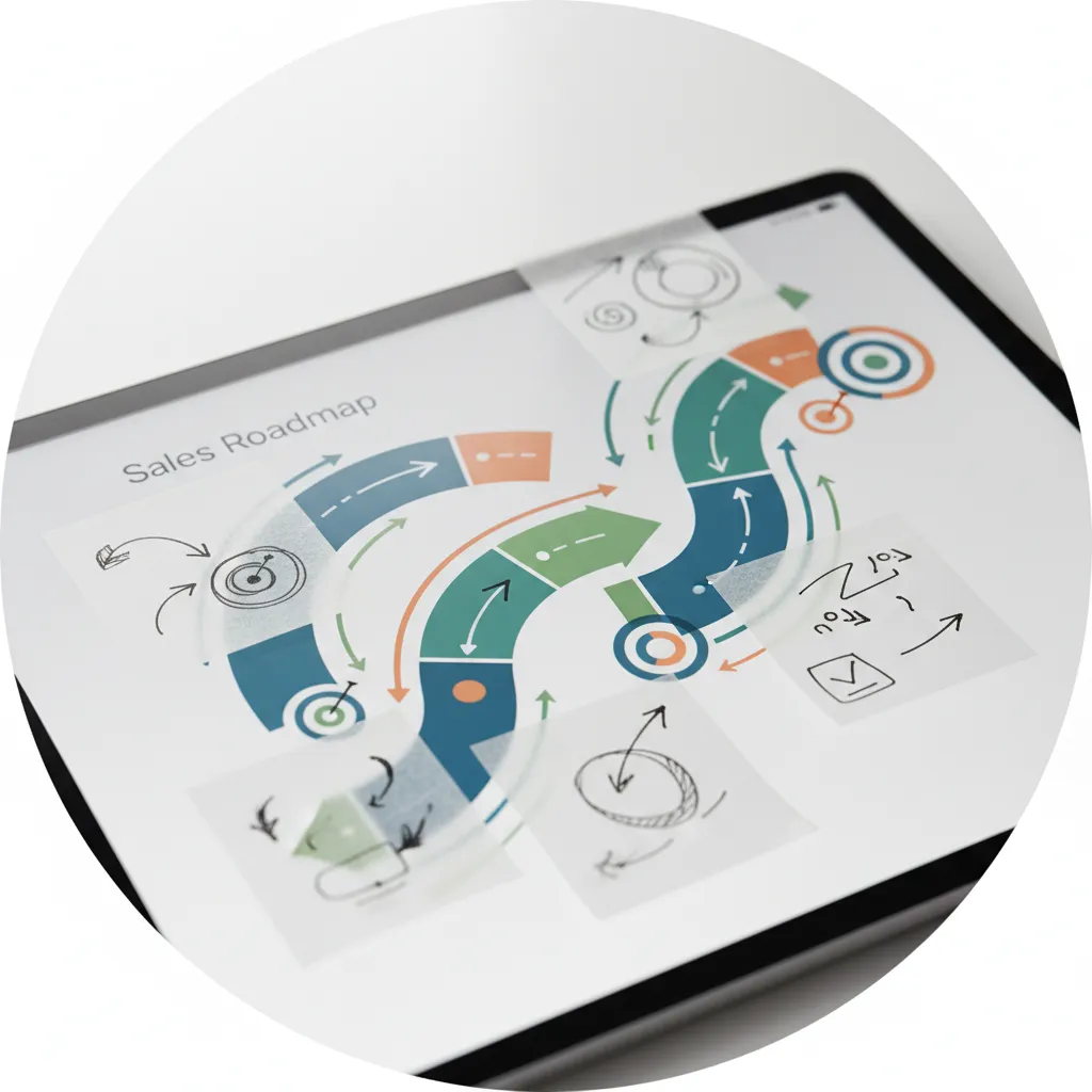 Circular crop: close-up of annotated sales roadmap on a tablet with sticky notes, bright neutral studio lighting; emphasis on planning and clarity.