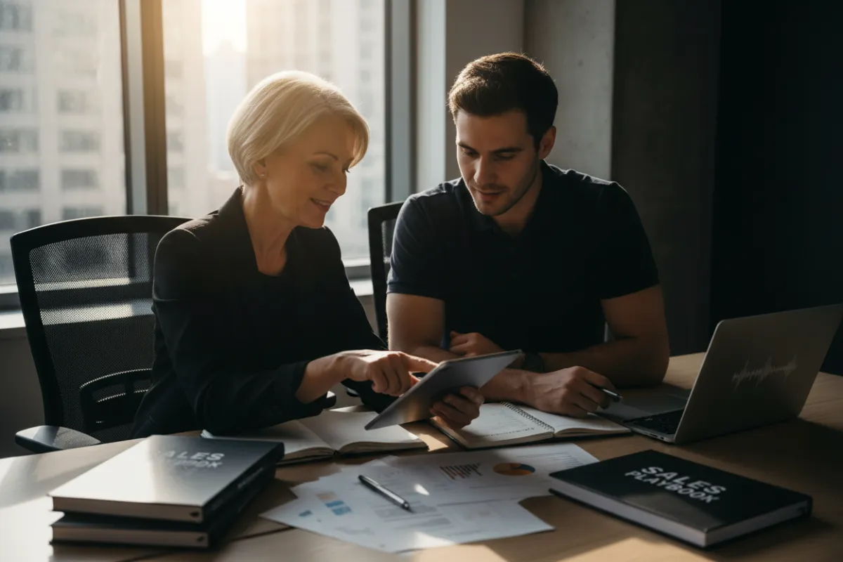 A sales coaching session with two colleagues reviewing call recordings and playbooks in a bright meeting room.