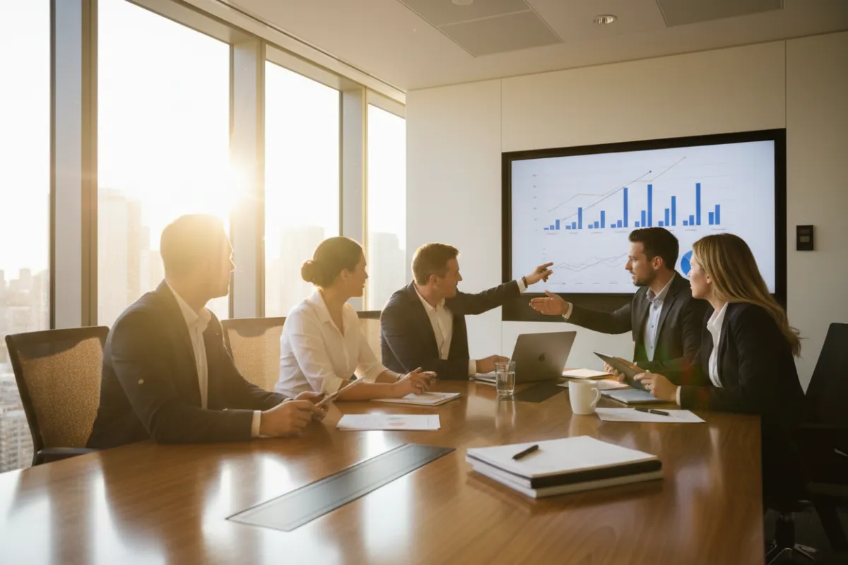 A photorealistic wide hero image of a small Australian professional services team in a modern boardroom, mid-discussion with a laptop and charts visible, late-afternoon warm window light, framed to communicate strategy and momentum for on‑demand sales leadership.
