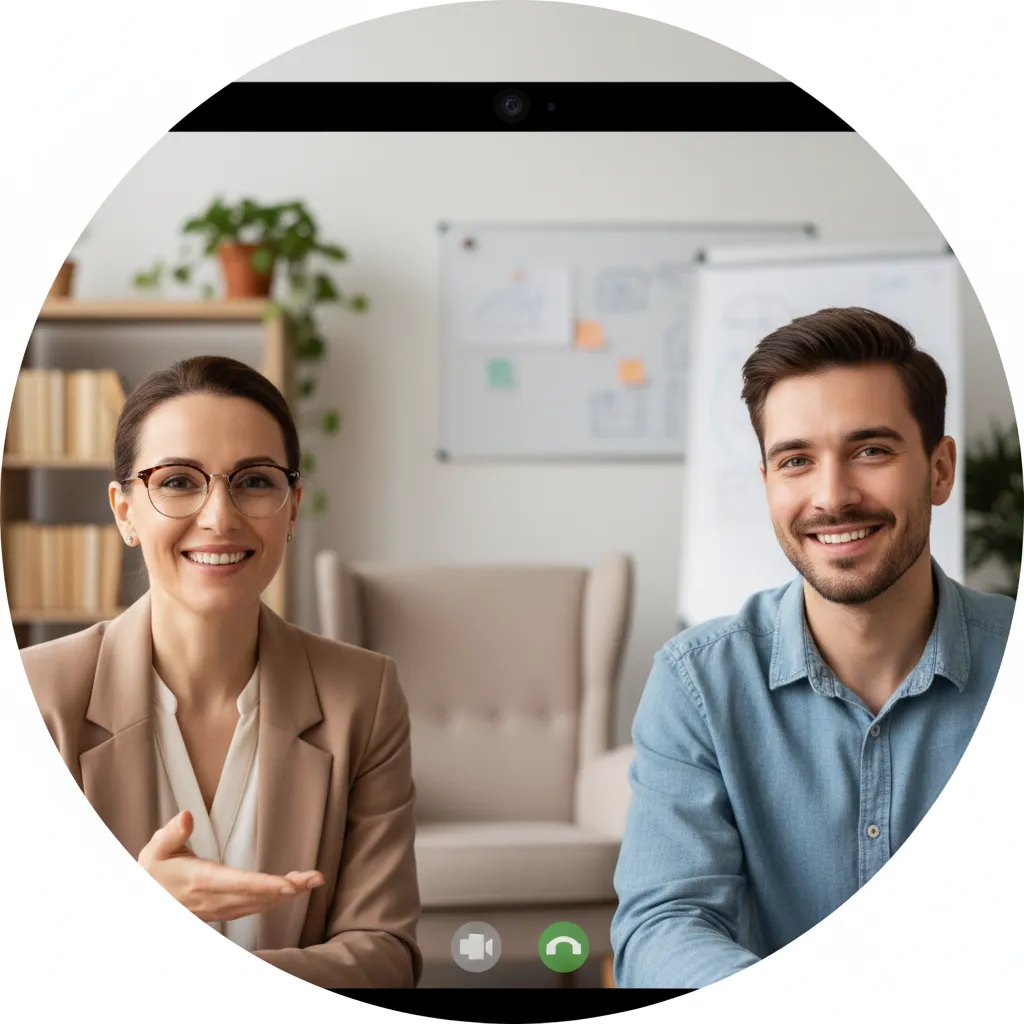Circular crop: mentor coaching rep over video call, smiling, mid-shot portrait showing human connection and remote coaching environment.