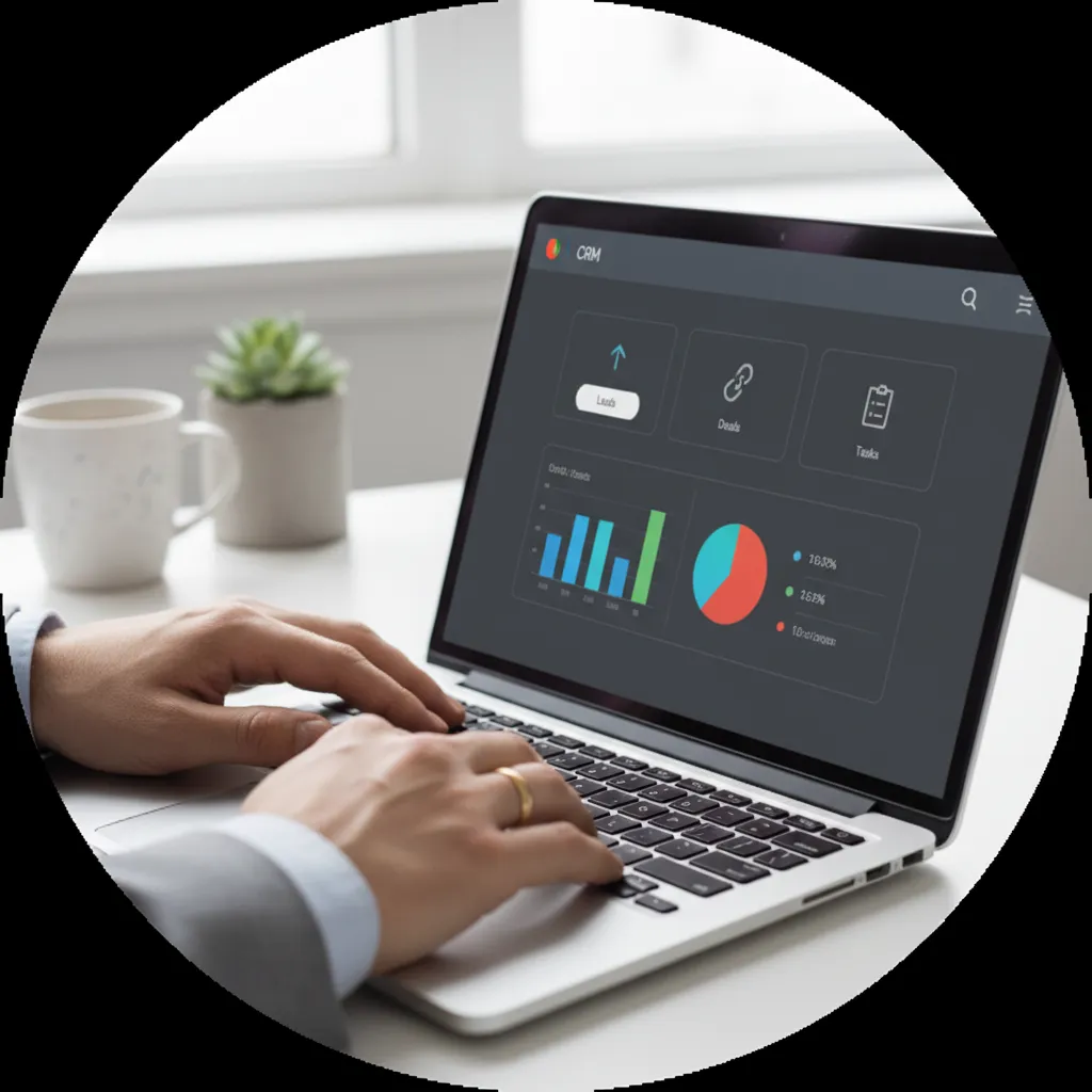 Circular crop: hands interacting with a CRM dashboard on a laptop, shallow depth, UI elements visible and legible, modern office styling.