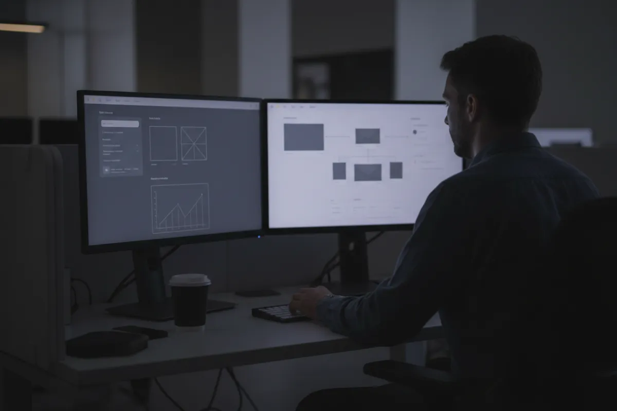 A marketing specialist creating LinkedIn ad creative and email sequences on a dual monitor setup.