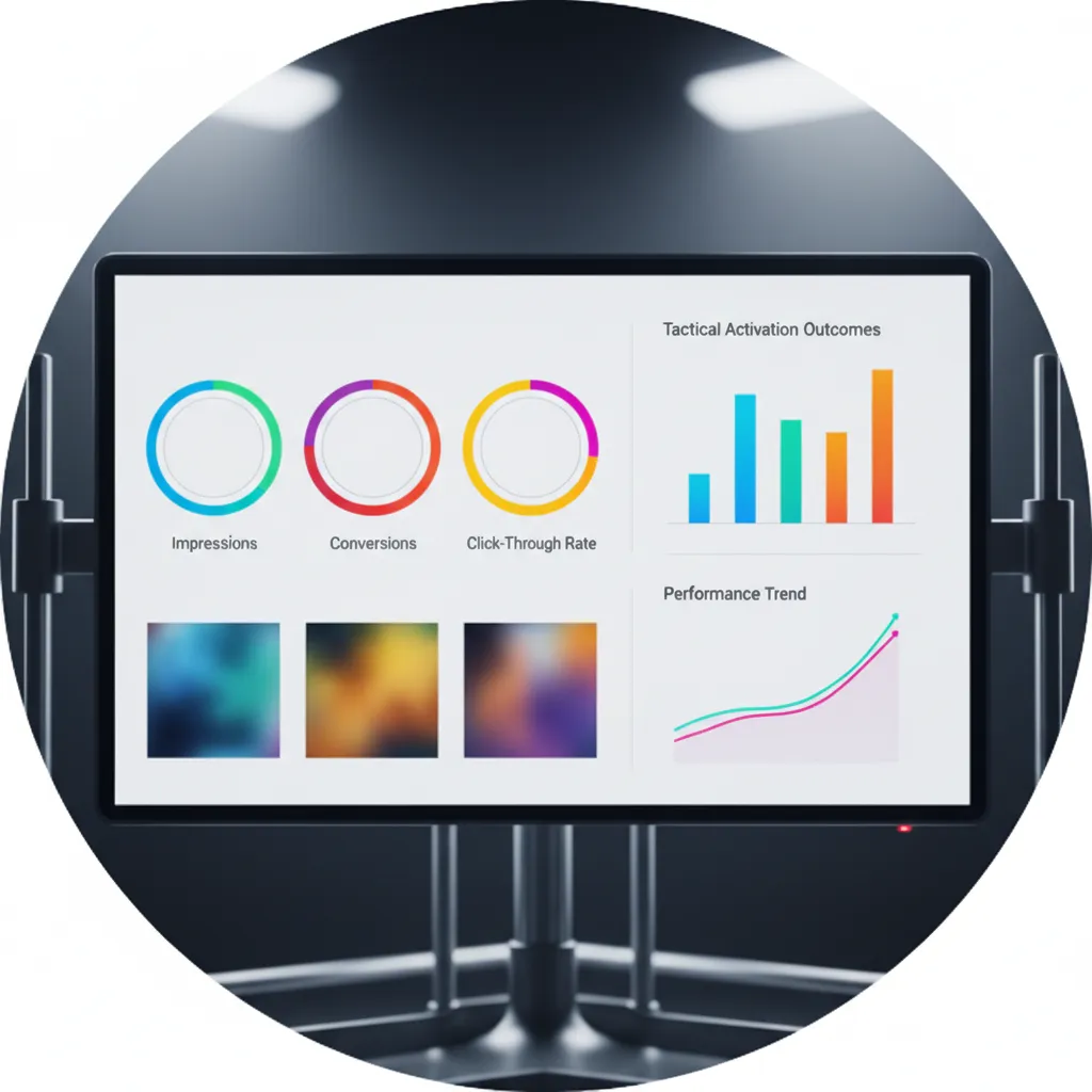 Circular crop: campaign dashboard with performance charts and creative thumbnails, studio-lit, showcasing tactical activation outcomes.