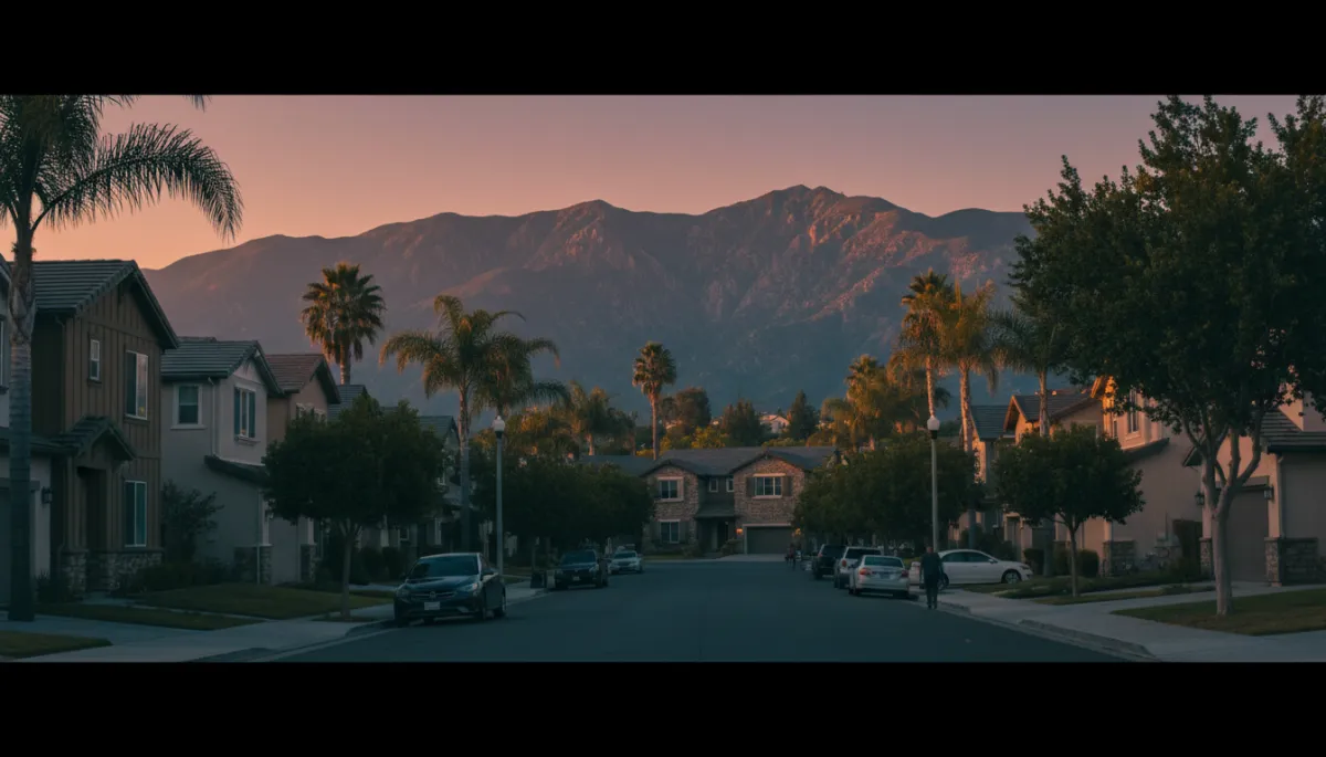 Cinematic view of a beautiful Covina, California neighborhood with the San Gabriel mountains