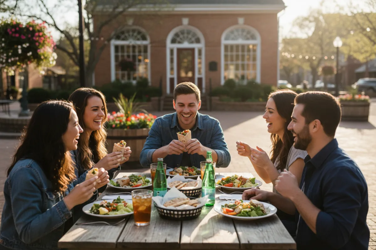 Friends sharing gyros at an outdoor table in bright Springfield sunlight suggesting community appeal.