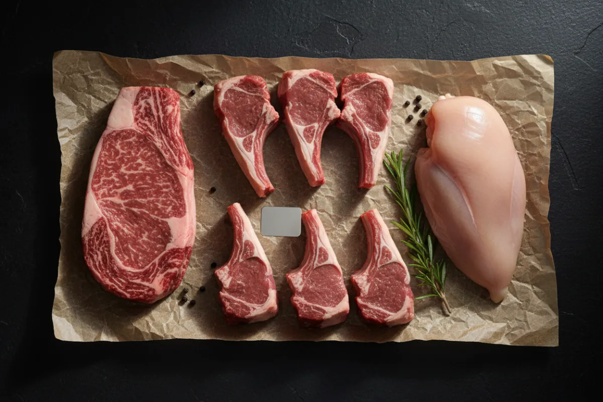 Premium halal cuts on butcher paper, emphasizing sourcing transparency and meat quality.