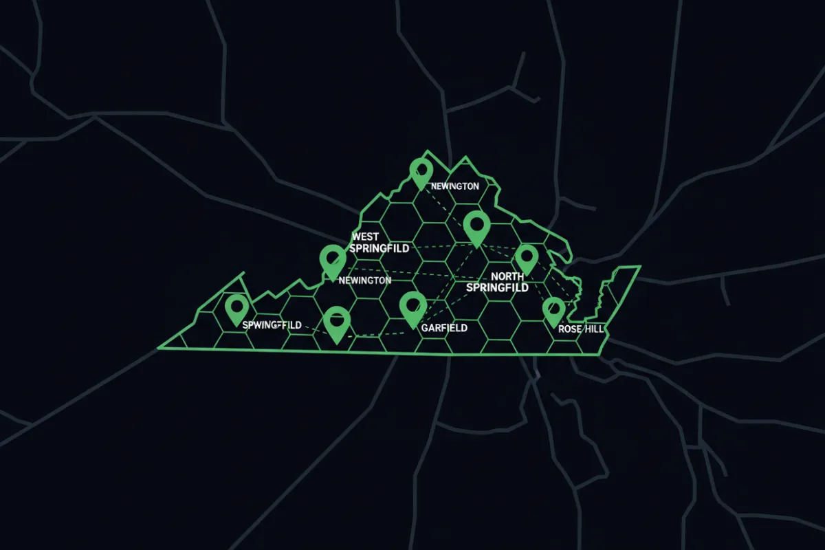 Map-focused graphic showing Springfield VA service coverage with pins marking nearby neighborhoods.