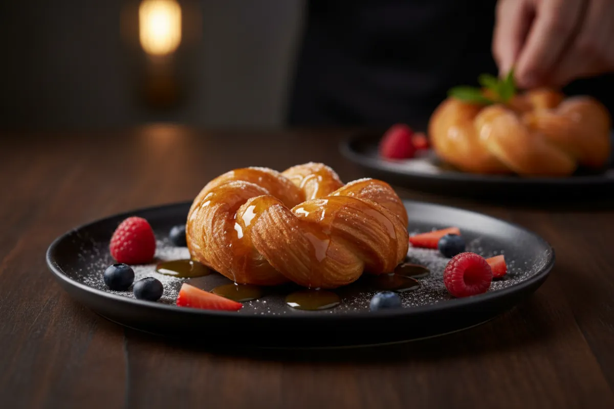 Dessert pastry plated with syrup drizzle and soft-focus background hinting at a sweet finish.