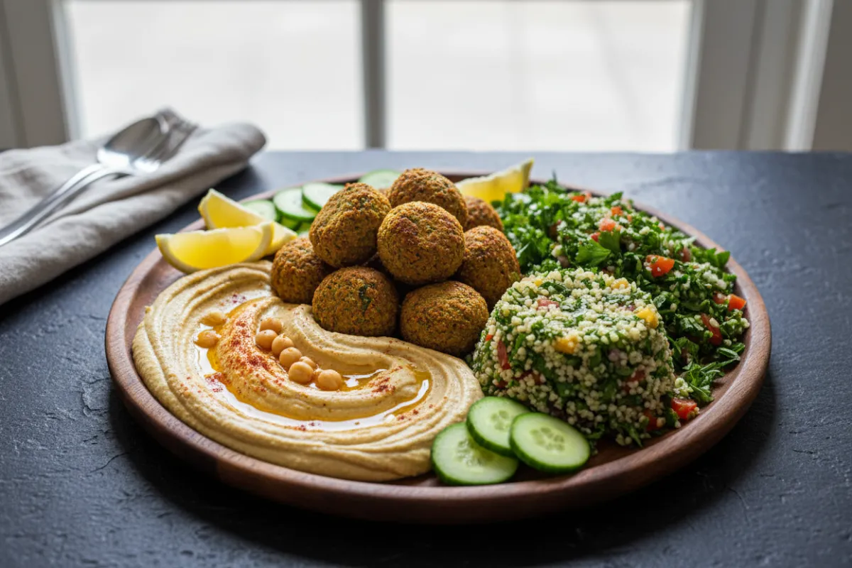 Vegetarian platter with falafel, tabbouleh, and hummus shot from above to emphasize freshness and color.