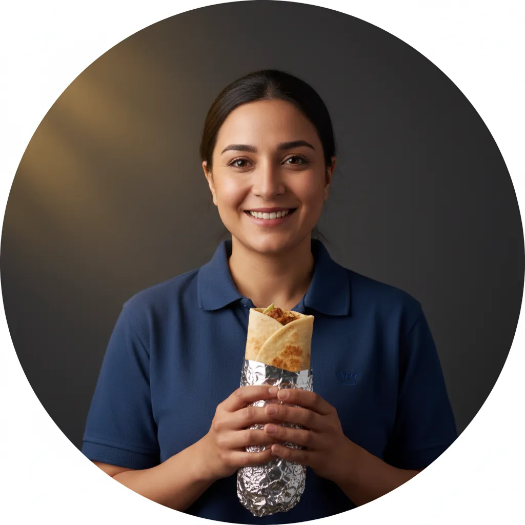 Smiling Gyro King team member holding a wrapped gyro, portrait-style.