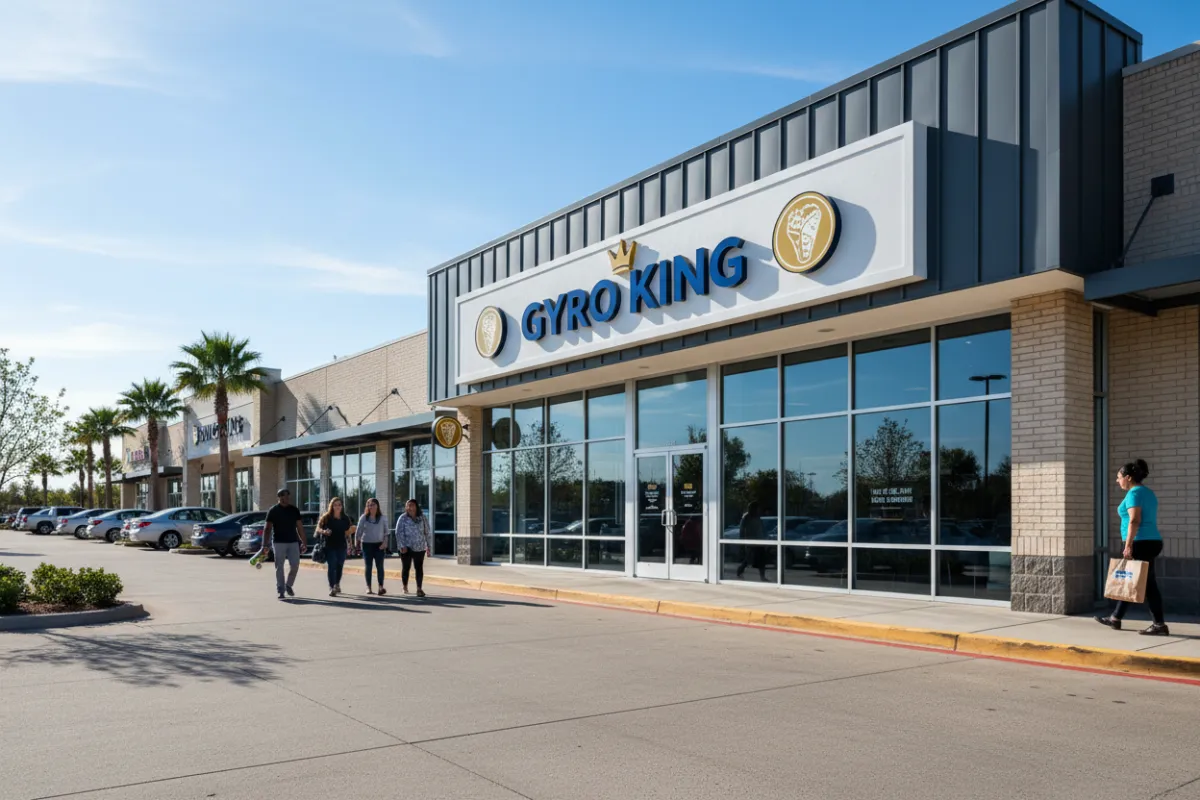 Storefront concept mockup of a Gyro King franchise in a suburban strip center