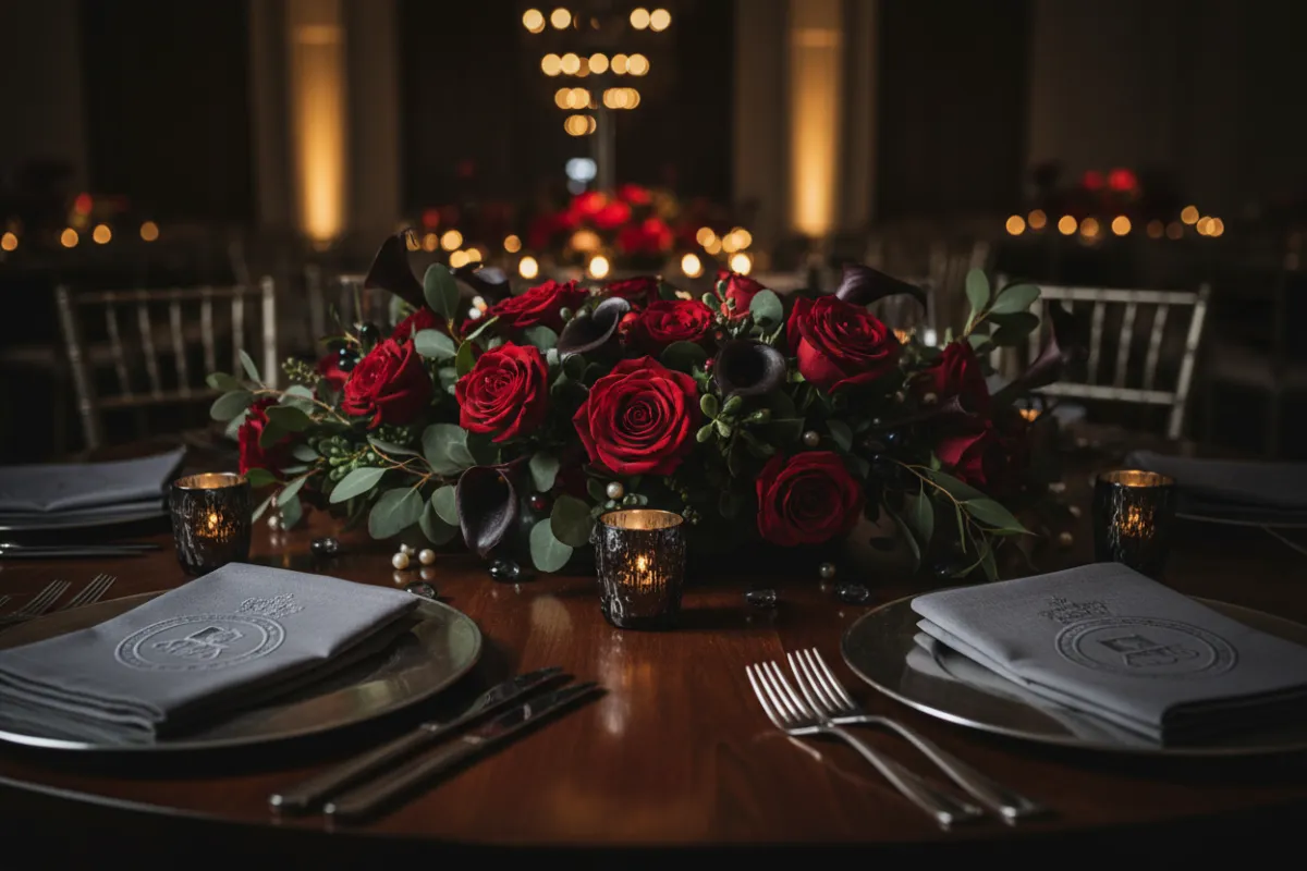Decorated event table with branded napkins and centerpiece for corporate catering