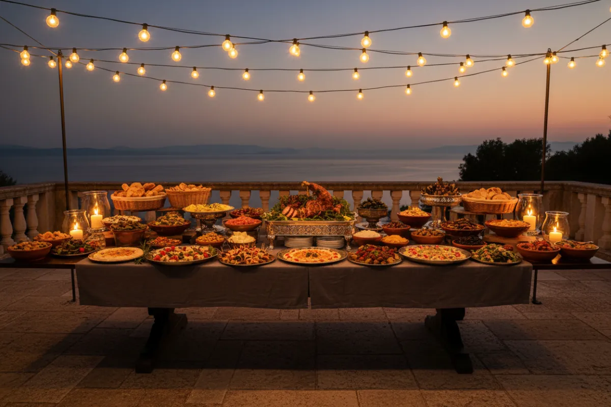 Catered buffet setup for a wedding with Mediterranean platters and elegant presentation