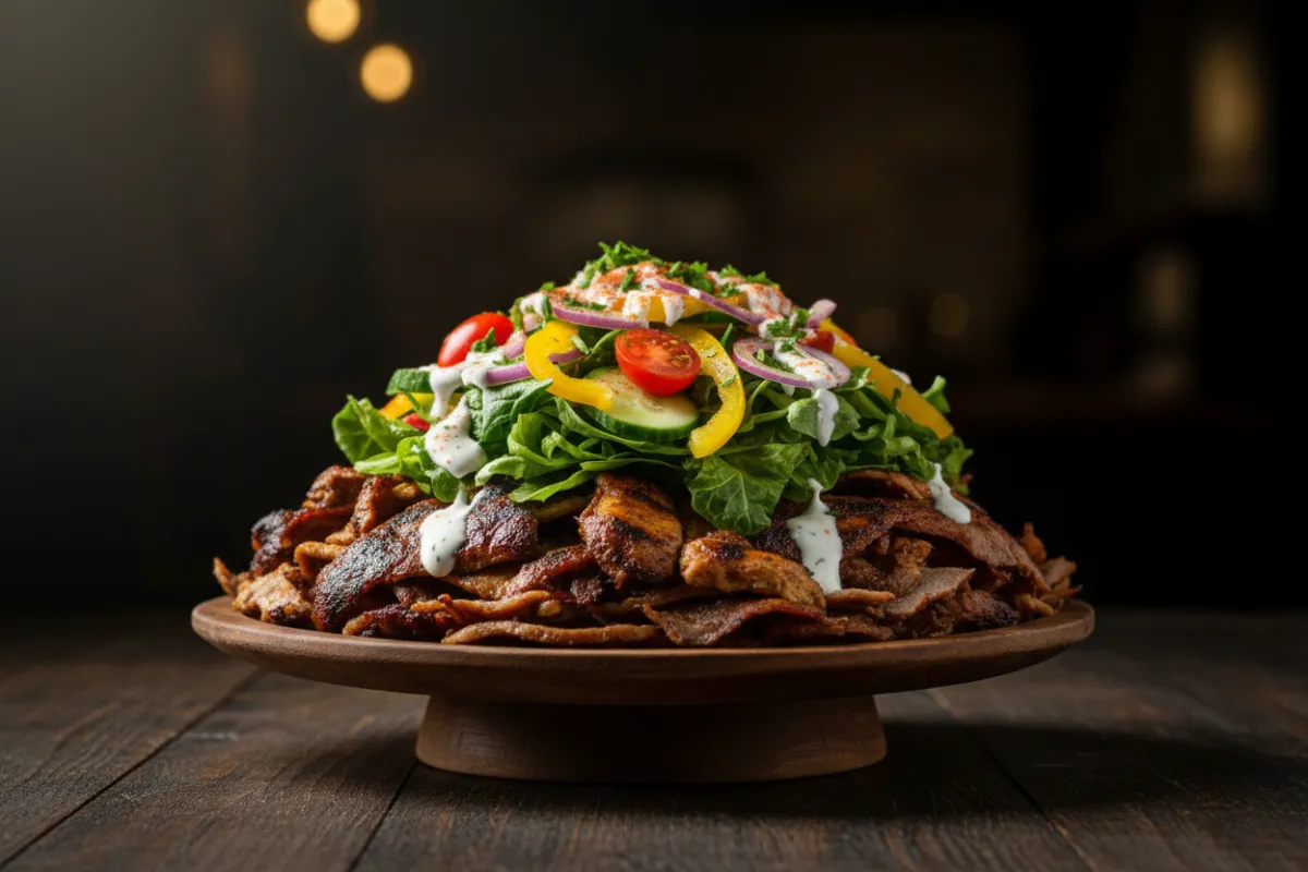 Stacked platter of gyro meats with colorful salad showcasing menu variety.