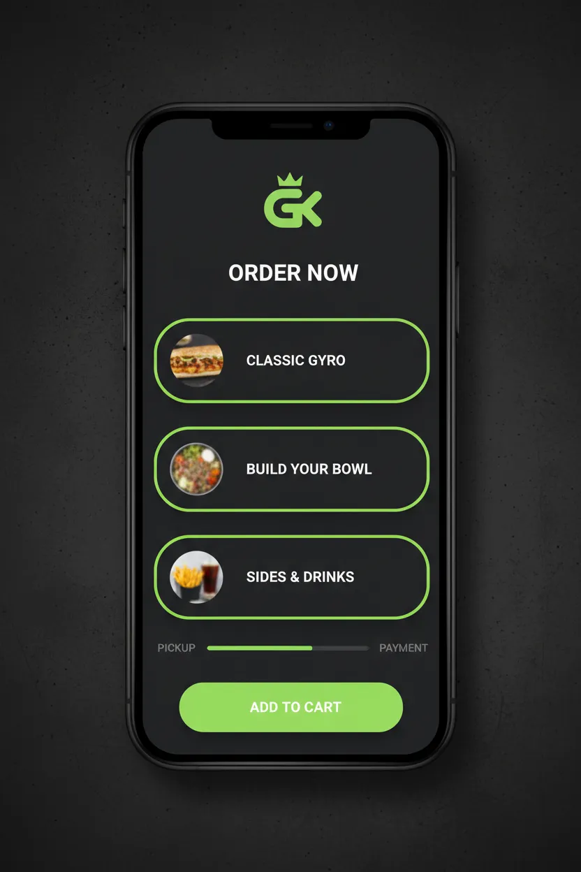Springfield Gyro King app ordering screen on a modern smartphone