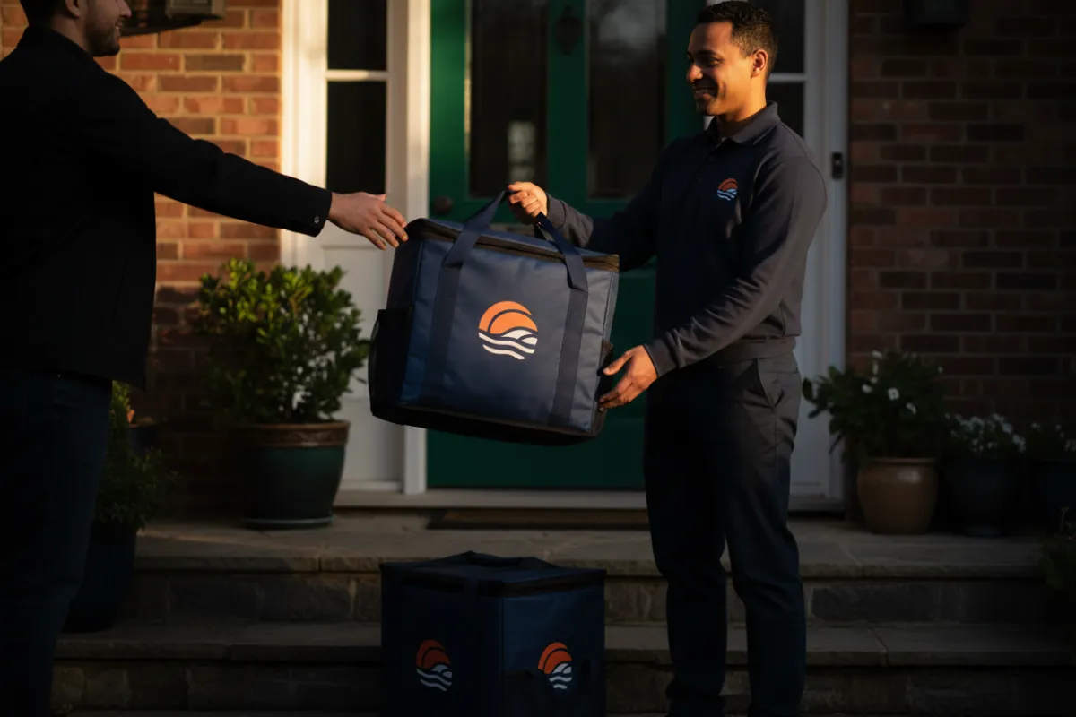 Delivery handoff with branded insulated bag, conveying reliable hot delivery.