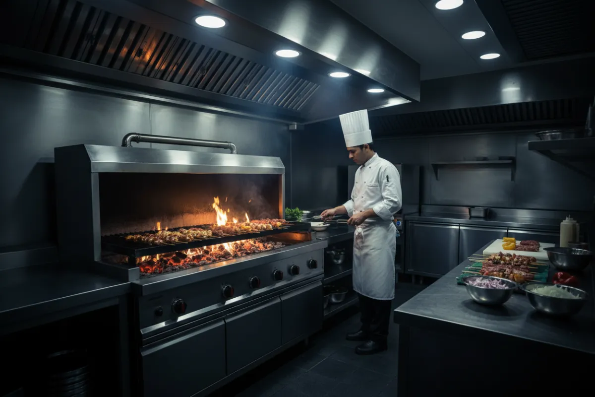 Clean professional kitchen with chef grilling kebabs, emphasizing hygiene and preparation quality.