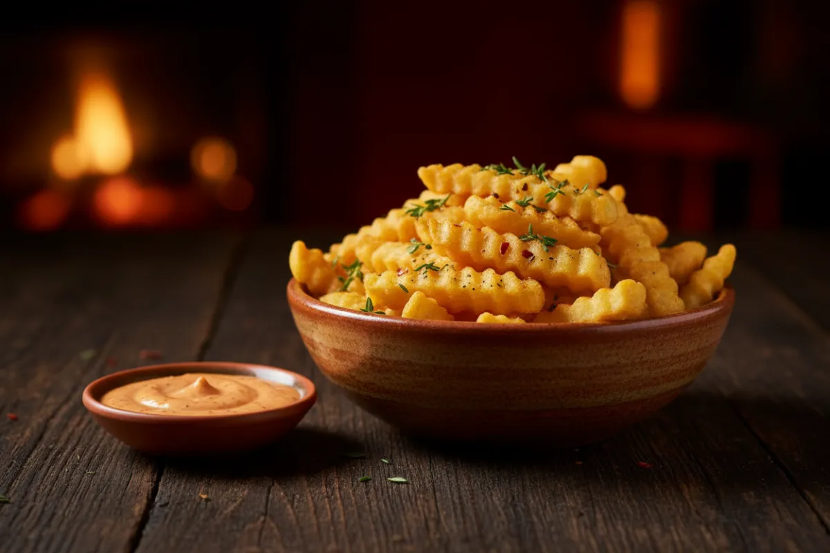 Close-up of golden fries with herbs and dipping sauce highlighting comfort food appeal.
