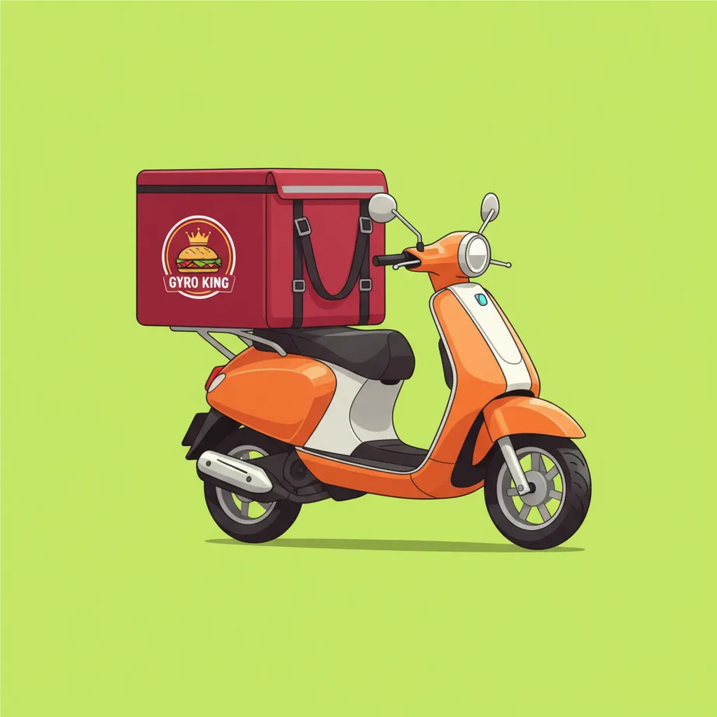 Branded delivery scooter with insulated Gyro King bag on green background.