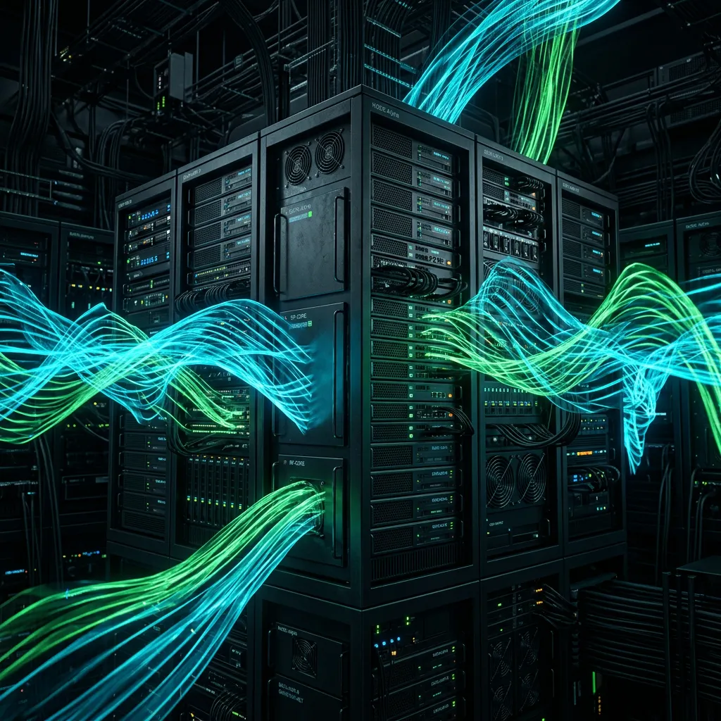 3D render abstracto que representa la infraestructura de servidores y ondas de radio de Digital Ciller