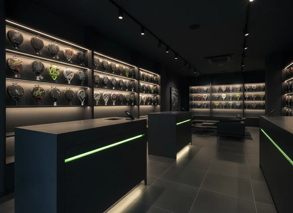 Interior de tienda de pádel premium con palas seleccionadas
