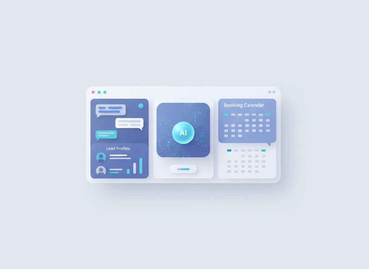 Clean dashboard illustration of AI front desk conversations and bookings