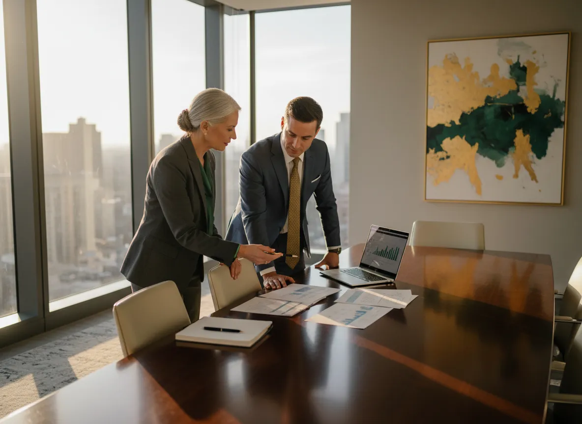 Advisor reviewing tax strategy with client in glass office
