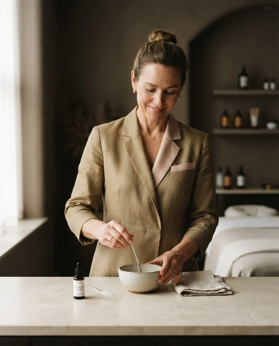 Soft-focus editorial portrait of a senior clinical aesthetician in calming linen aesthetician wear preparing a tailored treatment