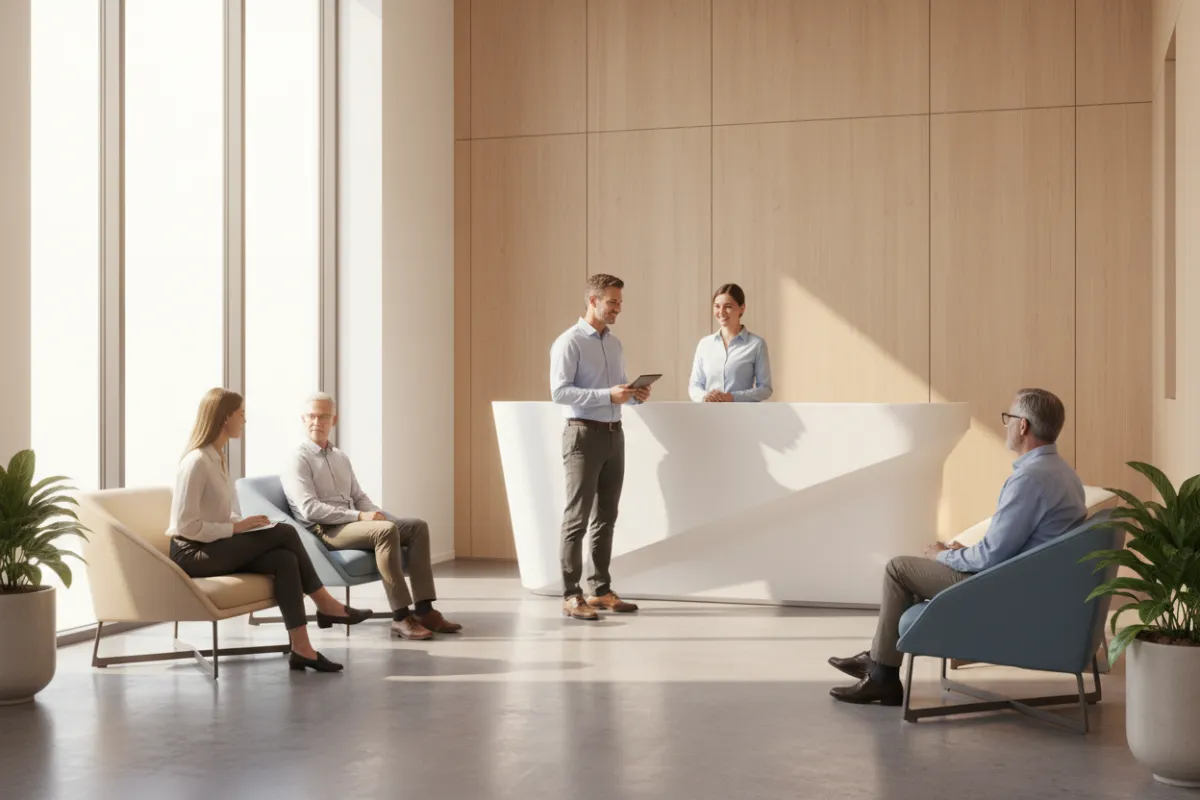 Premium clinic interior with people, warm neutral palette and soft lighting, left space for text overlay