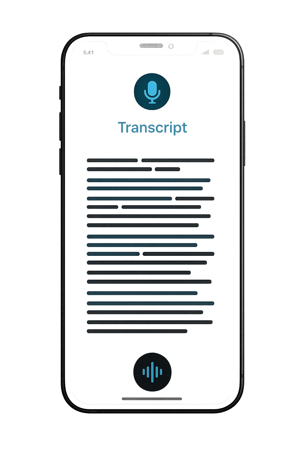 AI voice transcript in a phone mockup with dark UI and blue highlights