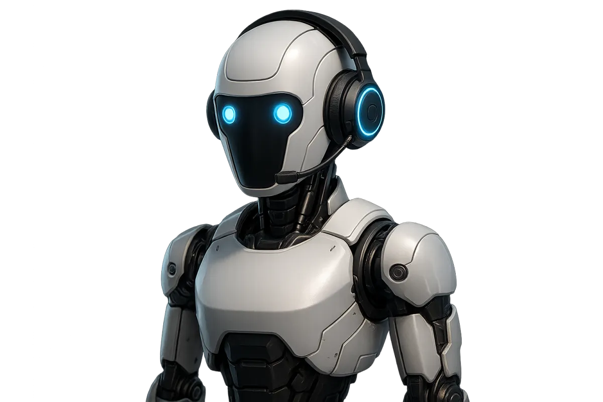 Futuristic robotic assistant wearing a headset