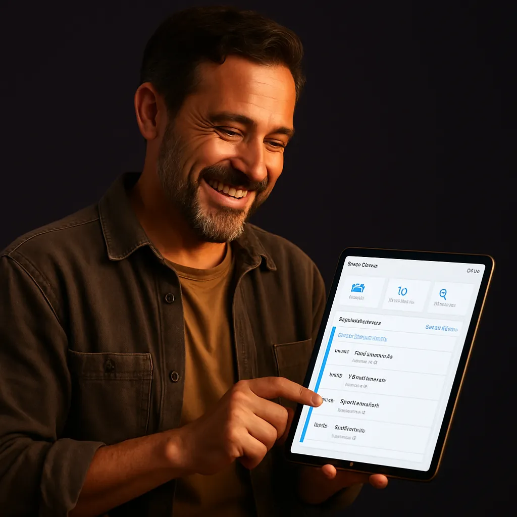 Smiling small business owner viewing appointments on a tablet dashboard