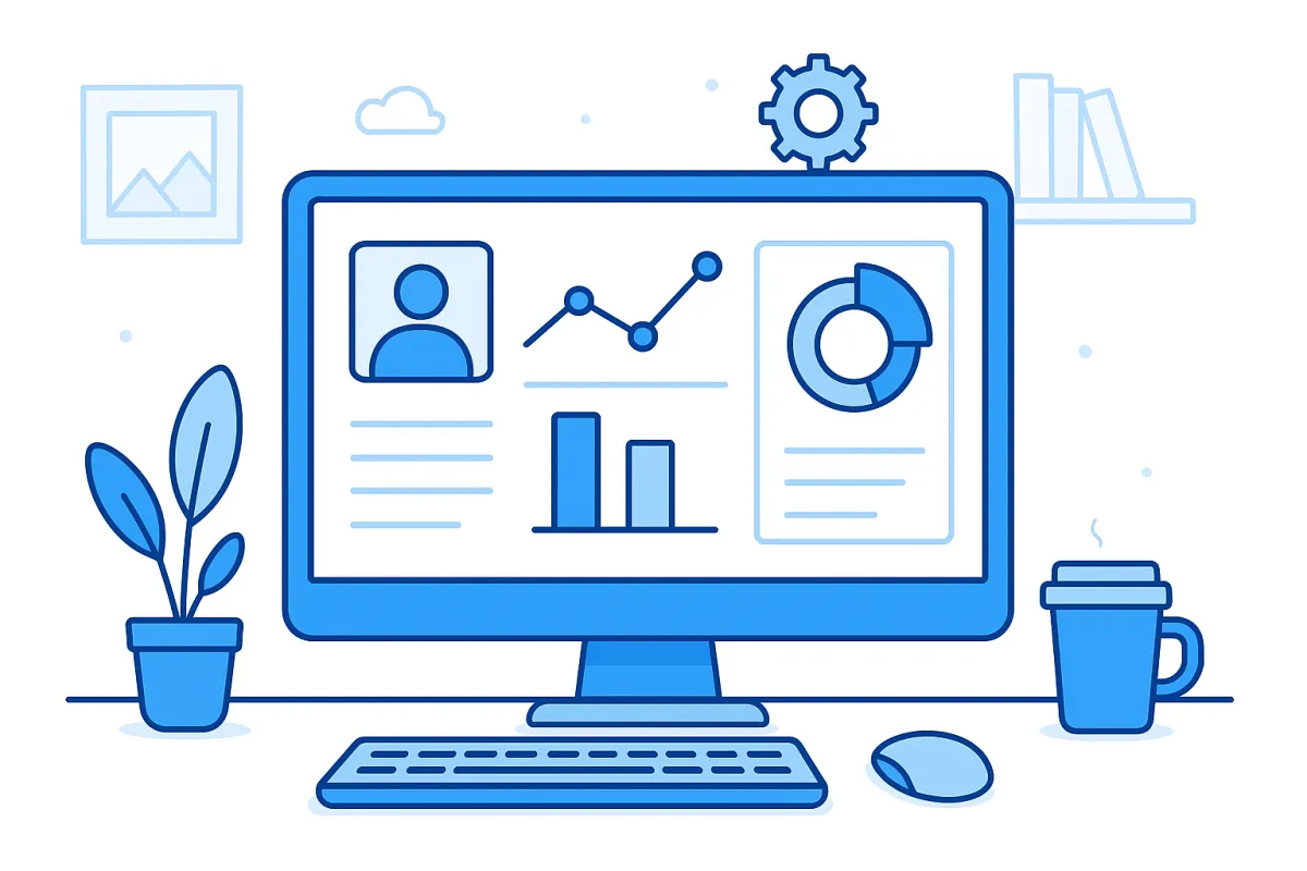 Illustrated dashboard of SpaCall AI analytics on a clean workstation, bright accent blue highlights