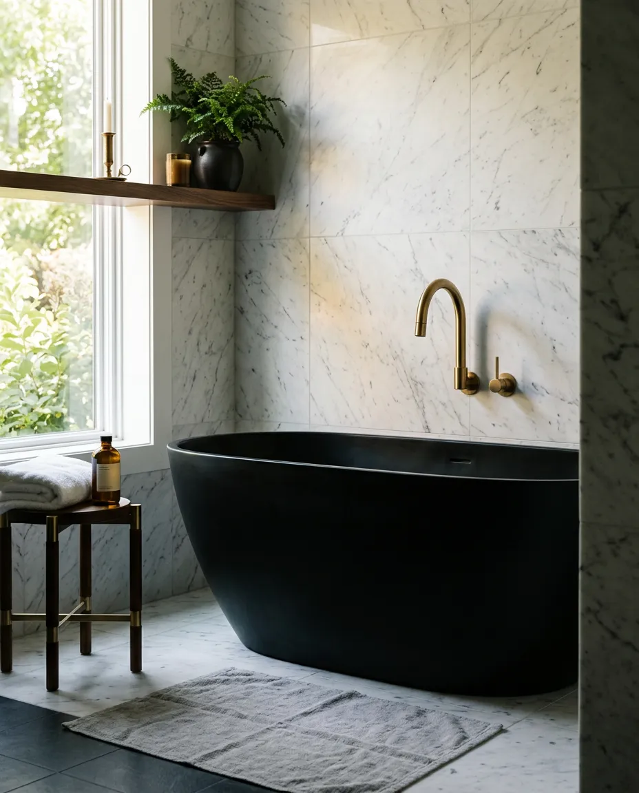 Luxury spa-inspired bathroom renovation with freestanding stone soaking tub and fluted accents