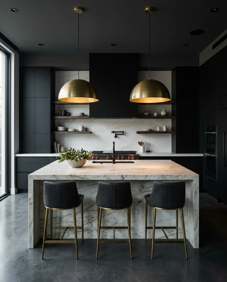 Architectural custom kitchen remodel with honed marble island and minimalist cabinetry