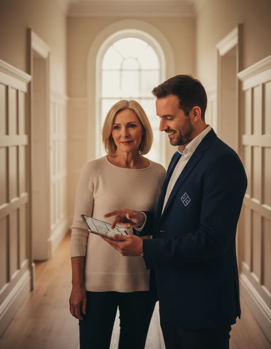 Surveyor warmly interacting with a homeowner during property inspection