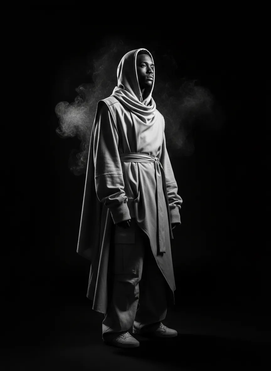 Editorial fashion portrait representing Compton heritage