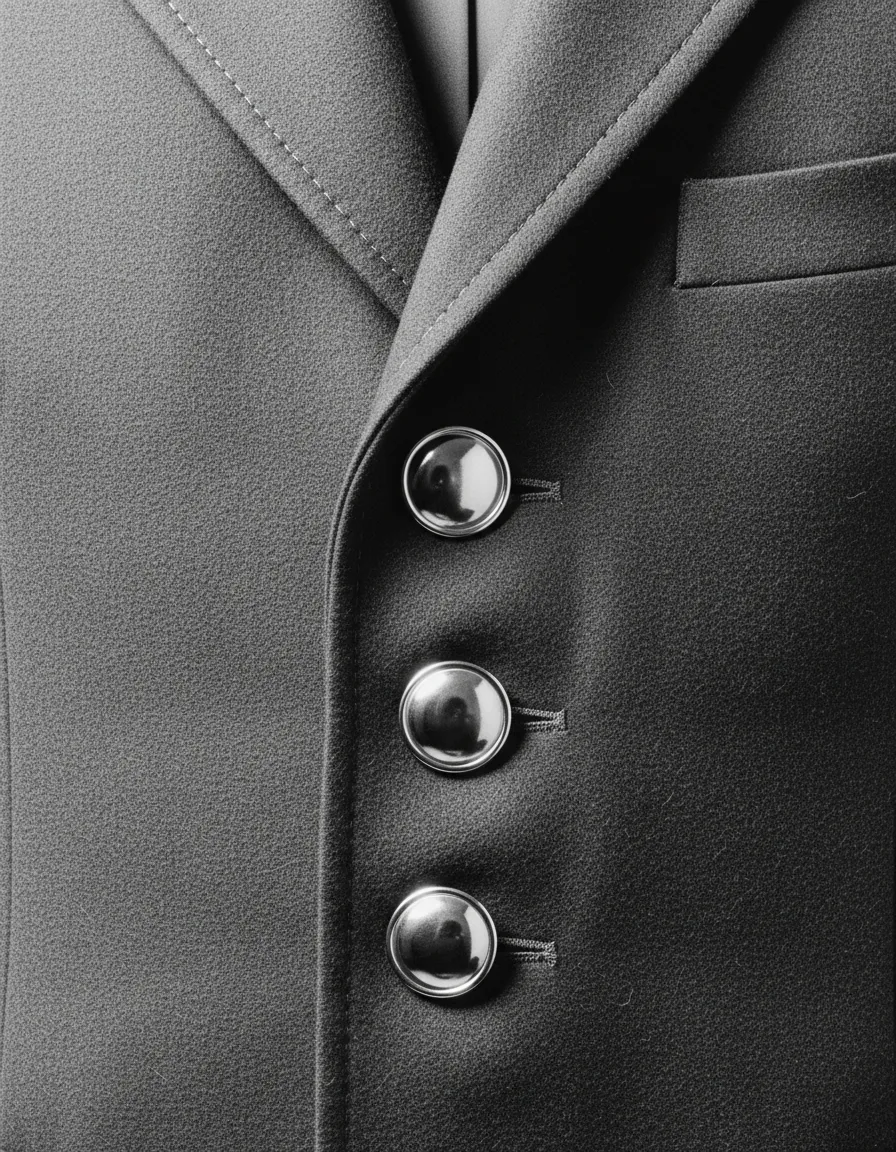Detailed black and white photography of custom buttons and lapel