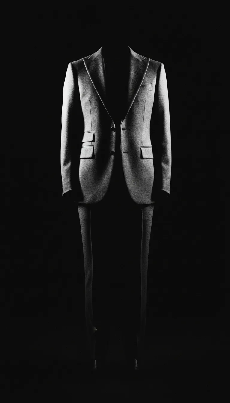 High contrast black and white shot of a finished luxury custom suit