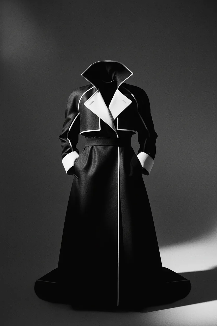Editorial style monochrome shot of finished luxury fashion piece