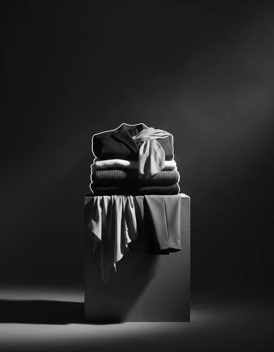 Dramatic black and white fashion editorial photography showcasing a premium garment