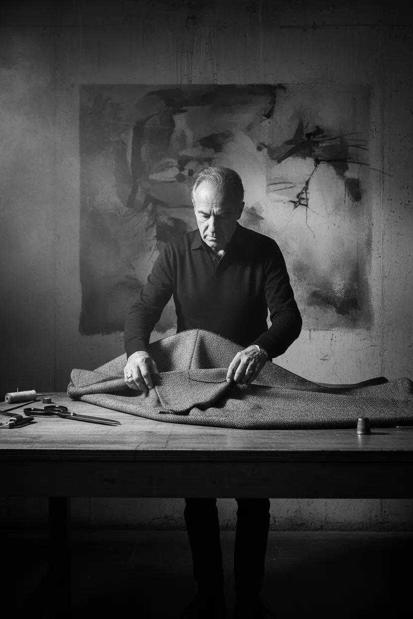 Striking black and white fashion portrait showcasing craftsmanship and heritage