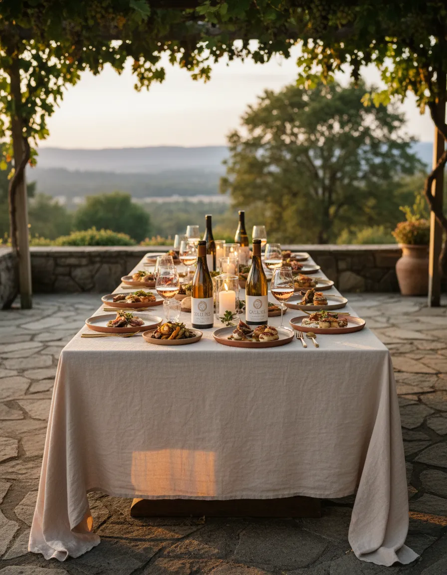 Softly lit table with DeLille wine, seasonal dishes, and summer light