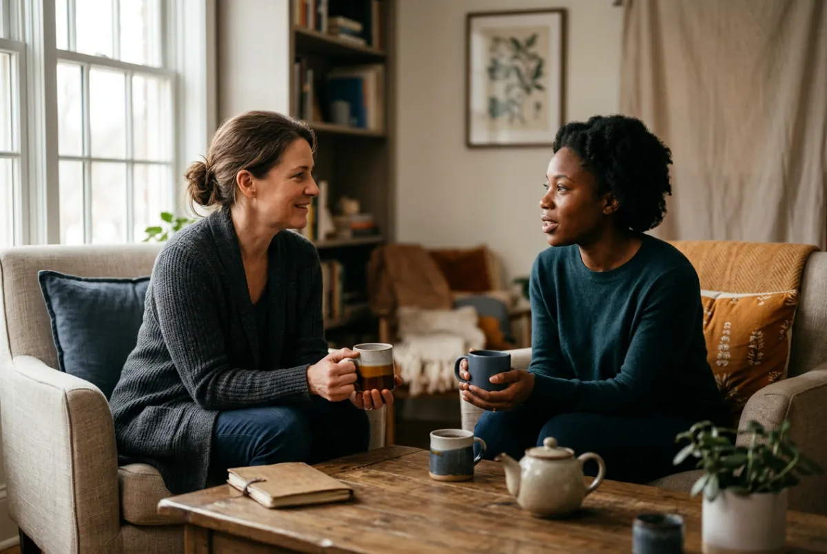 Compassionate one-on-one caregiver coaching session in a serene environment