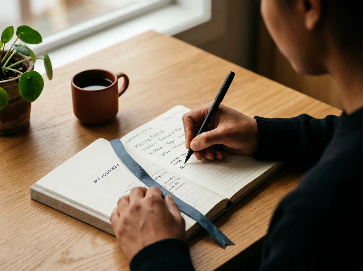 A structured personal planning notebook and warm cup of tea representing calm daily routines