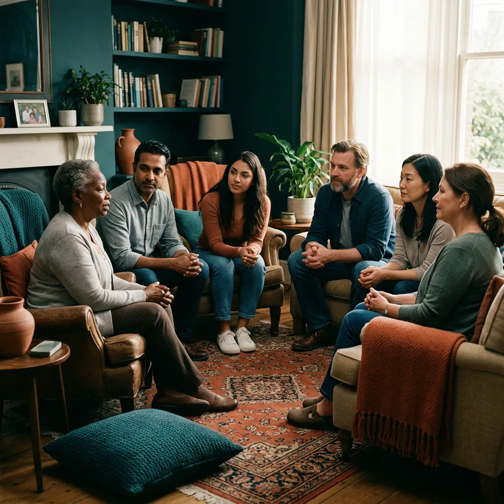 Empathetic community circle of diverse caregivers sharing support and connection