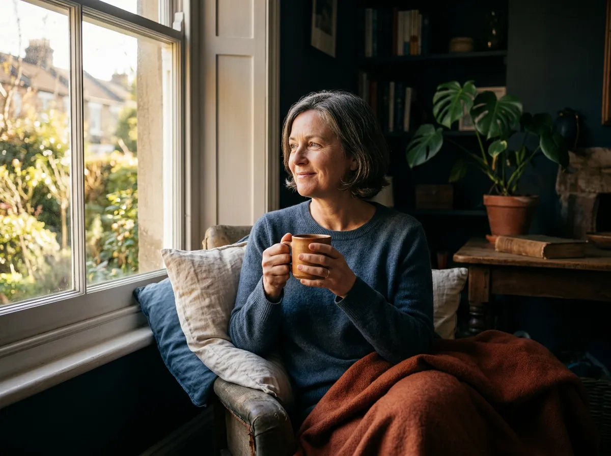 Caregiver finding a peaceful moment of quiet reflection and relief in a warm, sunlit room