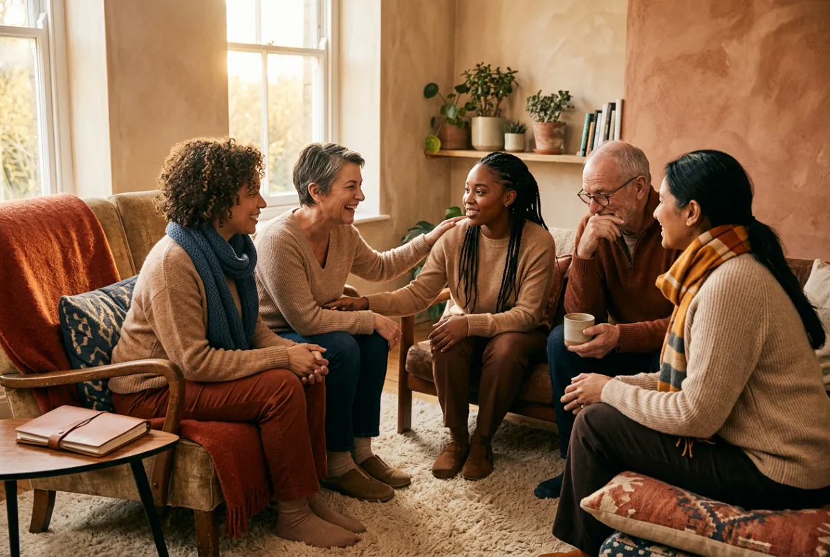 Supportive group coaching cohort connecting and sharing experiences together